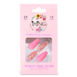 Honey Nail Glam Luxury Press On Nails | Pretty In Pink Bling Paradise Collection in 12 Sizes | 24 Nail Kit with Glue
