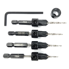 FTG USA Countersink Drill Bit Set 4 Pc #4 (7/64") Wood Countersink Drill Bit, Tapered Countersink Bit, Stop Collar, Hex Wrench, Woodworking Countersink Drill Bits