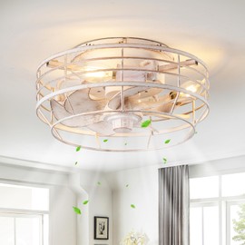 Youroke Ceiling Fan with Light and Remote, Modern Flush Mount Fan Lights Cage Ceiling Fixture, Bladeless 12 in 6 Speeds Fans with Lights for Kitchen Bedroom Living Room, White and Gold