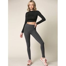 Active Queens QB3018 Peached Front Seamless Leggings with Inner Pocket Full-Length Yoga Pants XS Charcoal_Grey