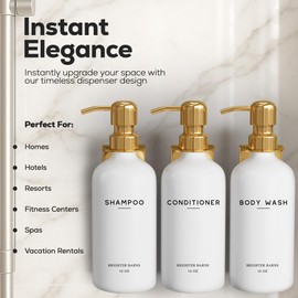 Luxury Shampoo and Conditioner Dispenser Set Wall Mounted by Brighter Barns - Refillable Shampoo and Conditioner Bottles - Shower Dispenser 3 Chamber No Drill - White and Gold Bathroom Decor (Gold)