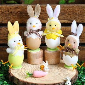 Enanal Easter Plush Chicks Figurines, 4pcs 6inch Bunny Ears Eggshell Easter Chick Decorations for Easter Decoration Tabletop Ornaments Holiday Home Decor Farmhouse Party Baby Shower Supplies