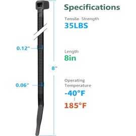 Eletoo 8 Inch white Zip Ties (1200 Pack), 35 LBS Tensile Strength, Self-Locking Nylon PA66 UV Resistant Cable Ties for Indoor and Outdoor Use