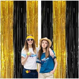 Fachoige 3pack 3.2ft x 6.6ft Metallic Tinsel Foil Fringe Curtains Wedding for Birthday Engagement Bridal Shower Bachelorette Holiday Celebration Party Decorations and Photo Booth Props（Black and Gold）