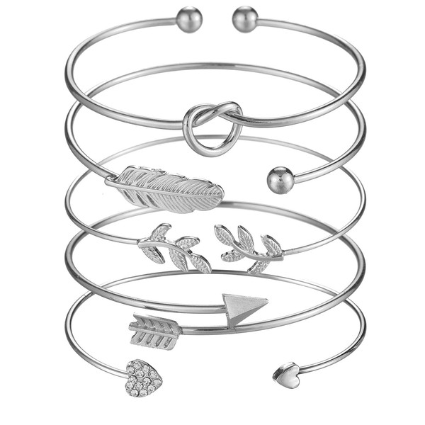 Softones 5pcs Bangle Silver Bracelets for Women Girls Heart|Olive Leaf|Arrow|Feather|Knot