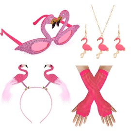 XINDY Flamingo Costume Women's Flamingo Headband Hawaiian Hair Accessories Flamingo Glasses Gloves Flamingo Necklace Flamingo Earrings for Hawaiian Costume Flamingo Party Carnival Costume Women