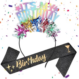 YTPAFK Birthday Headband and Black Gold Girl Sash, Its My Birthday Headband, Girl Fabulous Glitter Sash and Rainbow Tassel Crowns For Kids Toddlers Girls Women