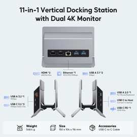 PULWTOP Laptop Docking Station Dual Monitor, 11 in 1 Vertical USB C Dock Stand with 2 HDMI 4K 60Hz, 3 USB A/C 10Gbps, 2 USBA 5Gbps, USB-A 2.0, Ethernet, PD 3.0 Docking Station for Type-C Laptops