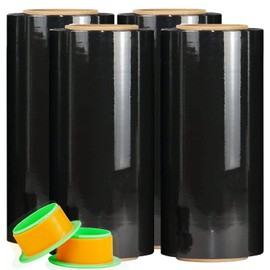 CHUANGSEED Black Stretch Film 12‘’ x 1000 Feet 4-Pack 80 Gauge Industrial Strength Shrink Film with Plastic Handle,Durable Self-Adhesive Plastic Wrapping for Moving,Shipping