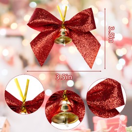 24 Pieces Christmas Tree Bows with Bells 3.5 Inch Small Christmas Glitter Bows Wreaths Bows for Christmas Decorations Holiday Candy Cookie Gift Wrapping (12pcs red, 12pcs Green)