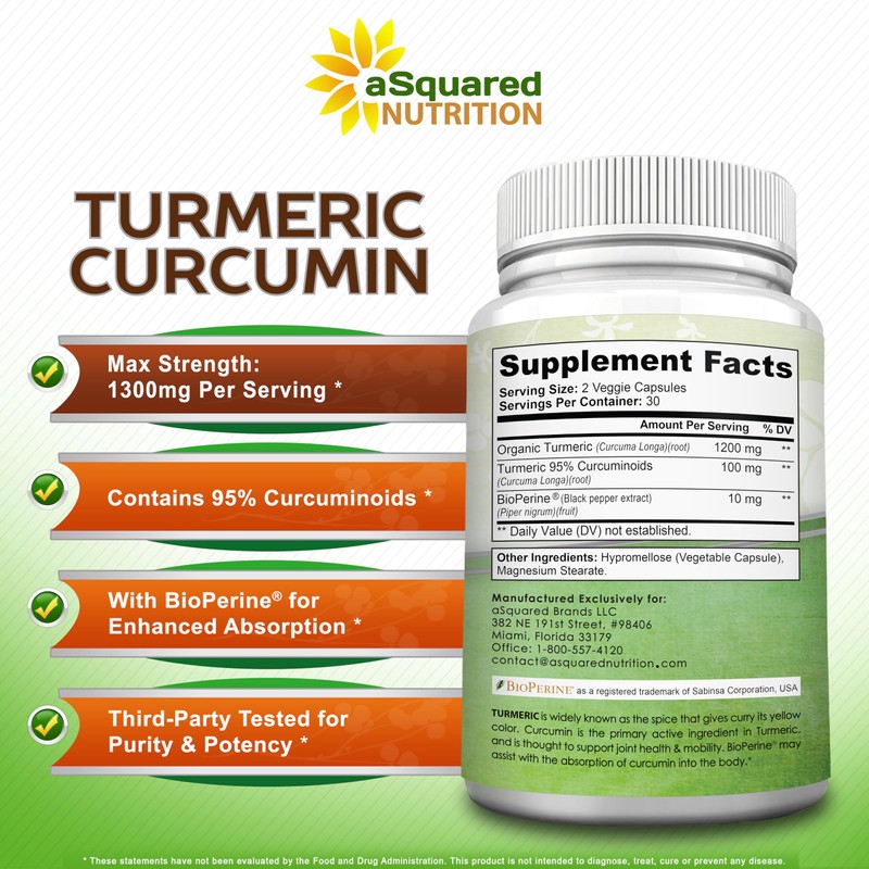 aSquared Nutrition Turmeric Curcumin 1300mg with BioPerine Black Pepper Extract