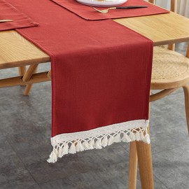 HAPMCH Deep Red Table Runner with Beige Tufted Tassel 12X71 inches Large Handmade Boho Crochet Macrame Fringe Solid Color Table Settings Home Decorative for Party Banquet Farmhouse Restaurant