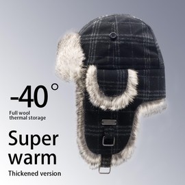 Kurhatic Winter Trapper Hat, Warm 100% Rabbit Fur Aviator Hat, Russian Trooper Hunting Ski Hat with Ear Flaps for Men & Women XL Black Grey