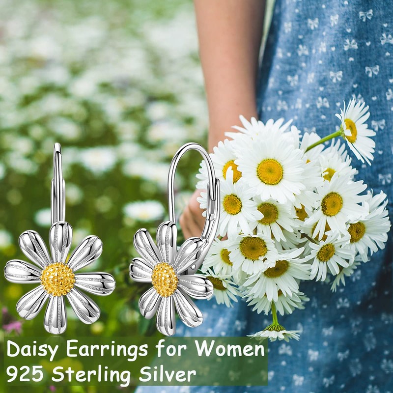 925 Sterling Silver Daisy Earrings 18K White Gold Plated Daisy