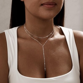 Hergory Lariat Silver Necklaces for Women Trendy, Dainty 14k Silver Plated Layered Y Shaped Pendant Flat Drop Chain Long Necklaces Jewelry Gifts