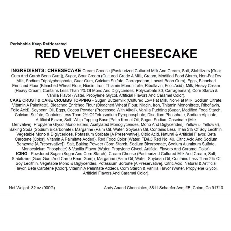 Andy Anand Red Velvet Cheesecake 9" Fresh Made, Shipped 2nd