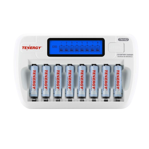 Tenergy AAA Rechargeable Battery and Charger Combo TN162 8-Bay Smart AA/AAA NiMH/NiCd Charger + 8 pcs AAA NiMH Rechargeable Batteries