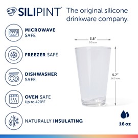 Silipint 16oz Silicone Pint Glass – Unbreakable, BPA-Free, Reusable Silicone Drinking Cup – Flexible, Microwave & Freezer Safe – Stemless Glass for Coffee, Smoothies (Crystal Clear)