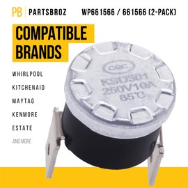 PartsBroz 661566 WP661566 High Limit Thermostat (2-Pack) - Compatible With Whirlpool Maytag Kenmore KitchenAid Dishwasher - Replaces AP6010246 PS11743423 W10339474 MDB7749AWM2 WDT710PAYM6 WDT730PAHZ0