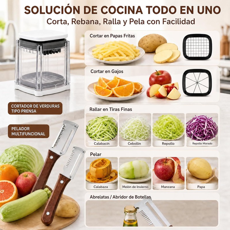Cortador y Picador de Verduras 3 en 1 con 2