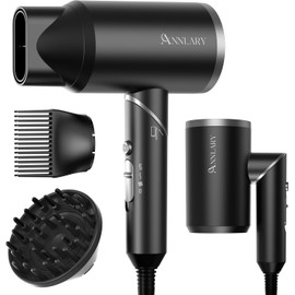 Plasma Ion Hair Dryer with Diffuser for Curly Hair, 1800W Fast Drying Blow Dryer with Comb, Lightweight and Low Noise Hairdryer for All Hair Types, Foldable Design for Travel