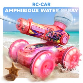 BEZGAR Amphibious Remote Control Car Toys for Ages 6-8, Rc Stunt Car with Water Gun for Boys and Girls 8-12, Remote Control Boat with Light Beach and Pool Toys for Kids (Pink)