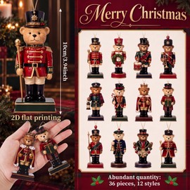 36pcs Christmas Teddy Bear Ornaments Wooden Nutcracker Plaid Decor