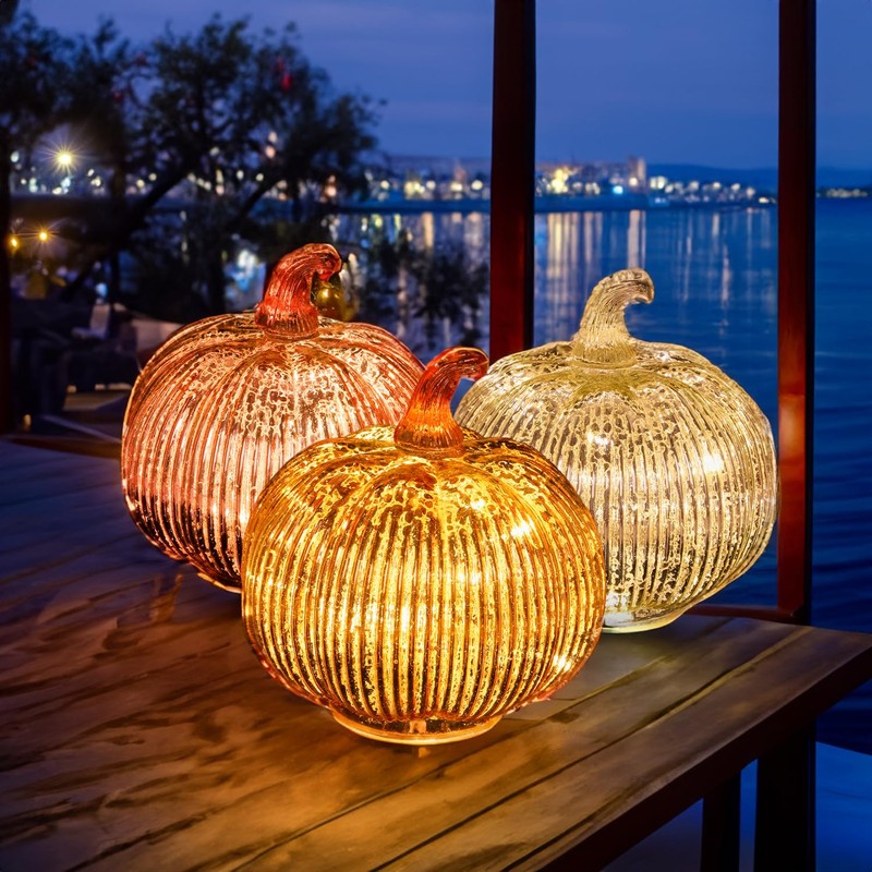 hvfun Rosegold Thanksgiving Decorative Artificial Pumpkins-Mercury Glass Light up Pumpkin