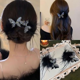 2 Pcs Feather Hair Clip, Glitter Rhinestone Butterfly Hairpin Angel Plush Hair Barrettes Feather Clips for Hair Elegant Duck Beak Hairpin Delicate Side Bangs Hair Clips for Women(Black)