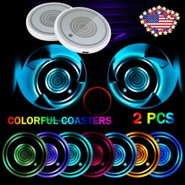 HTWON 2Pcs Car Cup Holder Lights - 7-Color LED Interior Decoration Light Pads for Cars