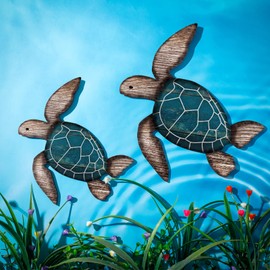 2 Sizes Wooden Sea Turtle Wall Decor Wall Art Farmhouse Ocean Turtle Hanging Decoration Beach Theme Decor Vintage Turtle Coastal Decor for Home Lake House Bathroom Decor (Blue)
