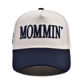 Vintage Two-Tone Women's Baseball Cap, Canvas Trucker Hat for Men & Women, Adjustable Baseball Cap with Mommin Embroidery, Stylish Outdoor Ponytail Hat for Casual Wear (Blue)