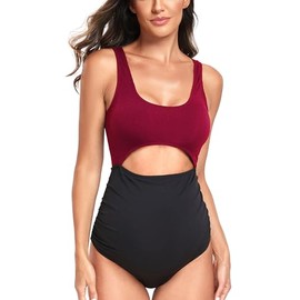 EastElegant Maternity Cutout One Piece Swimwear Ploka Dots Print Pregnancy Swimming Suit, Red+black, Large
