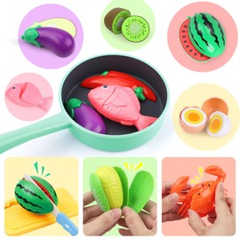 GILOBABY Kitchen Pretend Toy, Role Play Cutting Fruits Food Toy& Cookware Pot& Pan Set, Educational Gift Toy for Kid Girl Boy Toddler Age 3,4,5,6,7,8, Cooking Utensil Vegetable Toys for Children(PINK)