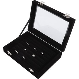 Bandeja para anillos, 7 Ranuras Vitrina de Joyería Caja de Almacenamiento de Joyería Bandeja de Joyería Vitrinas de Almacenamiento de Anillo de Terciopelo con Tapa Caja de Almacenamiento(Negro)