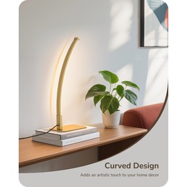 EDISHINE Curved LED Table Lamp, Modern Bedside Lamp with 3 Color Temperature & Stepless Dimming, Aluminum & Iron, Nightstand Lamp for Bedroom, Living Room, Gold