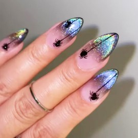 Spider Press on Nails Blue Glitter Stick on Nails Sparkly Starry Sky Acrylic Fake Short Oval Nails 24 Pcs Glossy Silver Glitter Starry Sky False Nails Black Spider Gel Glue on Nails for Women Girls