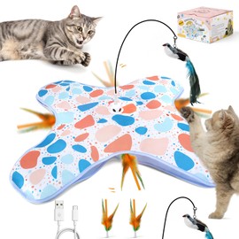 PETSWEET Interactive Cat Toys with Bird, Hide and Seek Cat Toy, 2 in 1 Automatic Moving Concealed Feathers for Indoor Cats, Non-Slip Suction, Touch Activated, USB Rechargeable, Blue