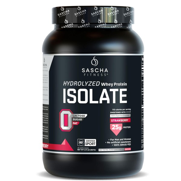 SASCHA FITNESS Hydrolyzed Whey Protein Isolate,100% Grass-Fed (2 Pounds, Strawberry)