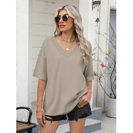 Ovanviso Womens Oversized T Shirts Cotton Short Sleeve Tees Ribbed Trim V Neck Tops Loose Fit Fashion Clothes 2025 Apricot