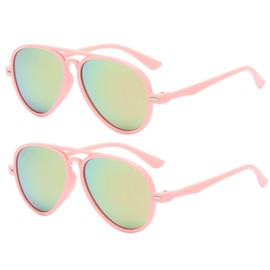 OWL 2-Pack of Kids Aviator Sunglasses Pink Plastic Frame for Girls Mirrored Colored Lens for Little Girl UV400 Party Favors