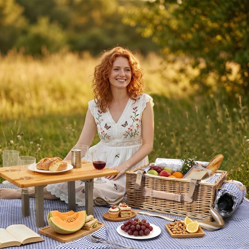 Wicker Picnic Basket Set for 4 with Detachable Table, Portable