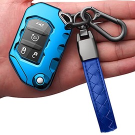 Compatible with Jeep Key Fob Cover with Leather Keychain Soft TPU Protection Key Case for 2018 2019 2020 2021 Wrangler JL Gladiator Remote Key(Aurora Blue)