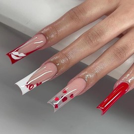 Vezocim Press on Nails Long Coffin French Tips 24Pcs Glossy Full Cover Acrylic Square Red False Nails with Heart Lips Designs Ballerina Extra Long Artificial Reusable Fake Nails with Charm for Women
