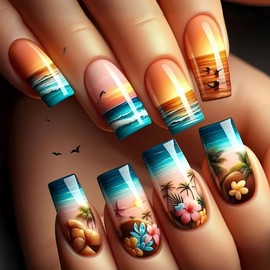 24Pcs Summer Press on Nails Short Square Ocean Theme Design,ZIFANHU Fake Nails Press ons Ombre Nail Tips Flowers Coconut Tree Sunset Full Cover Acrylic Set False Nails Glue Stick on Nails for Women