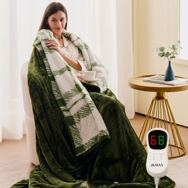 JKMAX Heated Electric Blanket Queen Size - 84"x90" Flannel Heating Blanket with 10 Heating Levels & 5 Time Settings Over-Heat Protection, Winter Warmer for Adults with ETL Certification（Green）