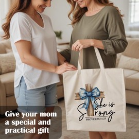 ShowDraven Christian Blue Coquette Bow Tote Bag, Proverbs 31 Woman Gifts, Christian Bible Verse Gifts for Women Faith, She Is Worthy Preppy Bow Canvas Tote Bags, 15x15inch