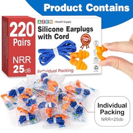 AZEN 220 pares de tapones para los oídos de silicona, tapones para los oídos reutilizables para reducción de ruido, tapones para los oídos con cable d