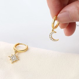 Dangle Hoop Earrings for Women Teen Girls, Spike Star Moon Pearl Sun Flower Heart Cross Chain Gold Huggie Tiny Drop Earrings, 925 Sterling Silver Hypoallergenic Fashion Jewelry Gift (Star Moon-Gold)