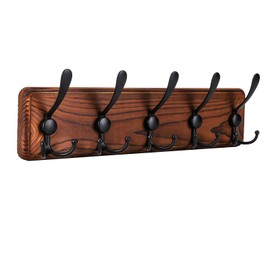 Kruodop Large Coat Rack Wall Mount Coat Hooks Coat Hanger with 5 Metal Black Triple- Hooks Brown Pine Real Wood Plank Hat Rack for Wall Hooks for Hanging Coat Hat Jacket